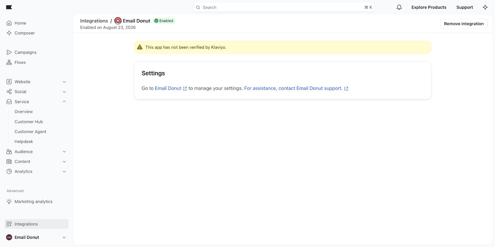 Email Donut integration shown as enabled in Klaviyo