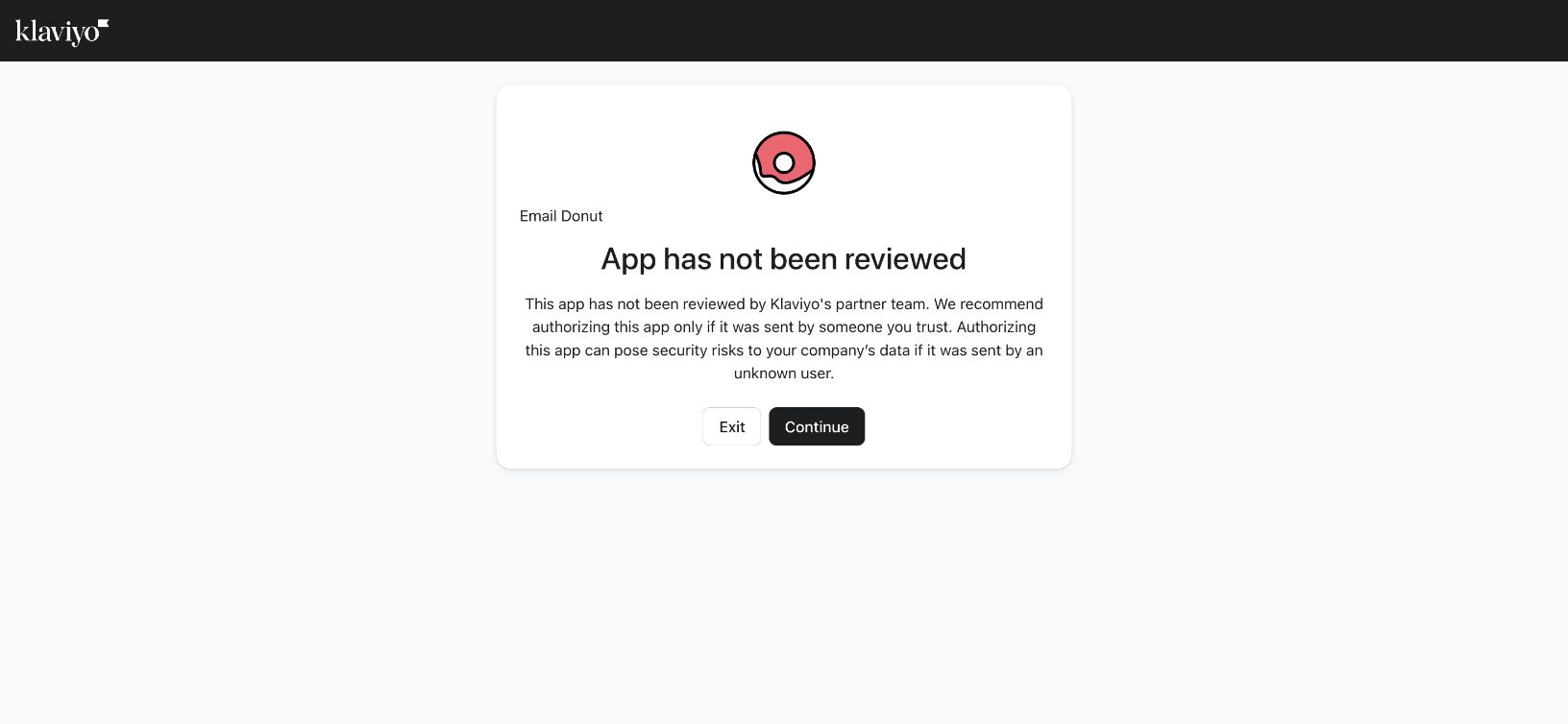 Klaviyo pre-review warning for the Email Donut app